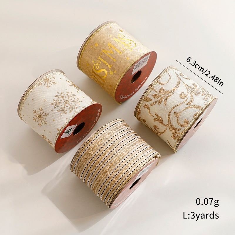 Fashion Gold Foil Ribbon Christmas Decoration Gift Bow Wrap Printed Satin Ribbon