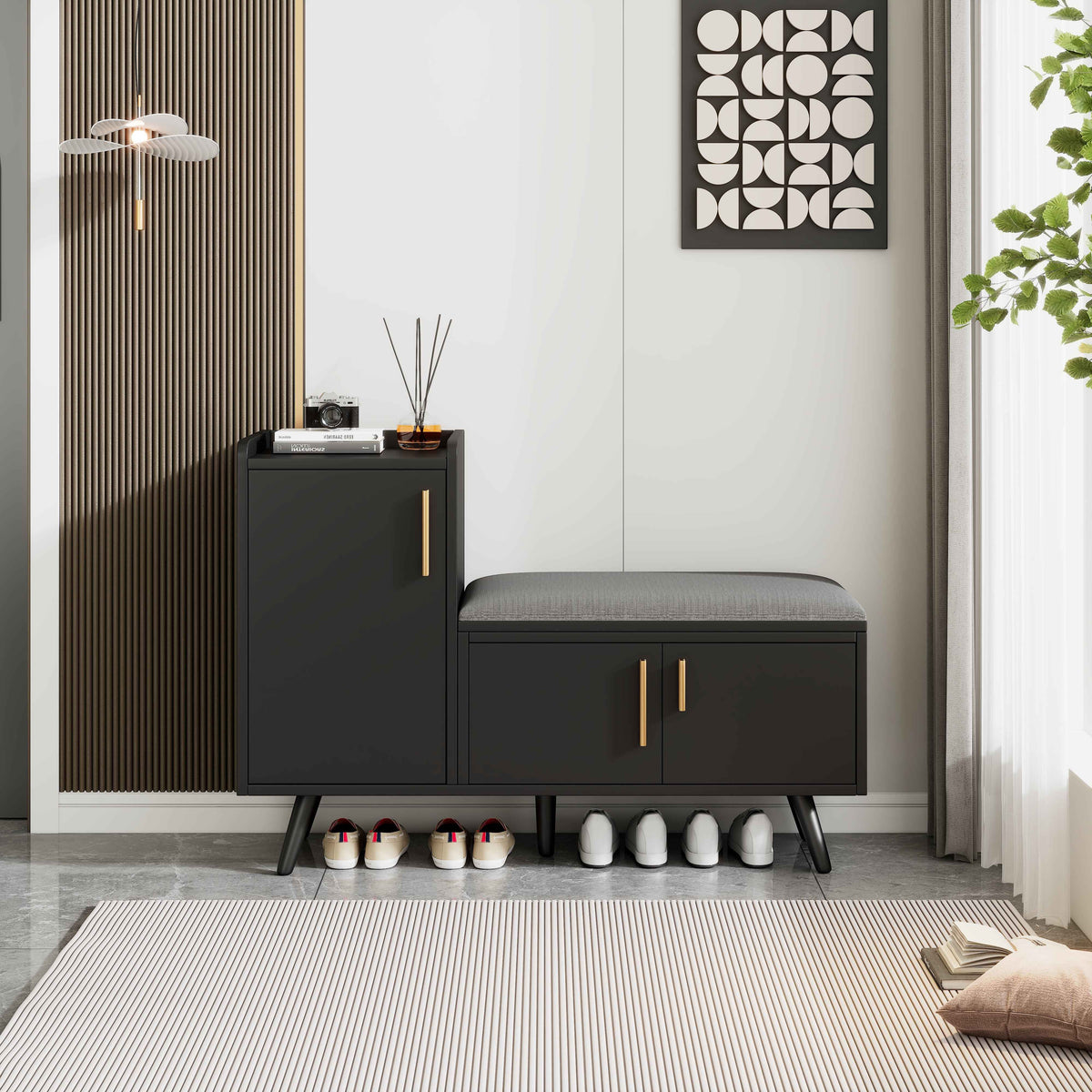 Modern Shoe Bench   Storage Cabinet, Adjustable Storage Space For Boots Or Heels, Asymmetrical Metal Handles, Black, 100 X 34 X 69 Cm