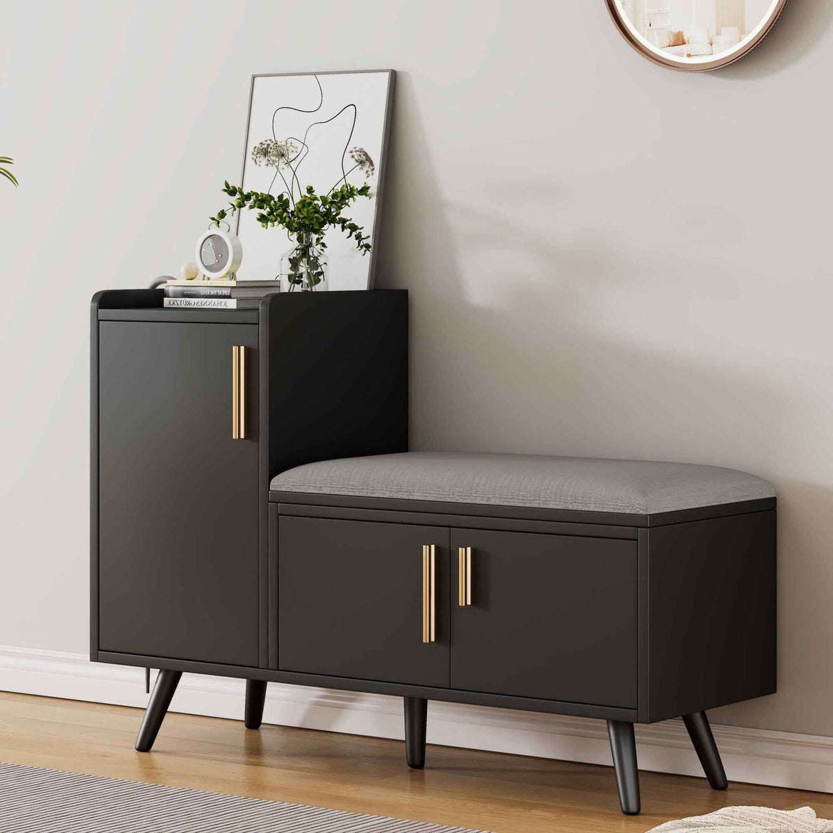 Modern Shoe Bench   Storage Cabinet, Adjustable Storage Space For Boots Or Heels, Asymmetrical Metal Handles, Black, 100 X 34 X 69 Cm