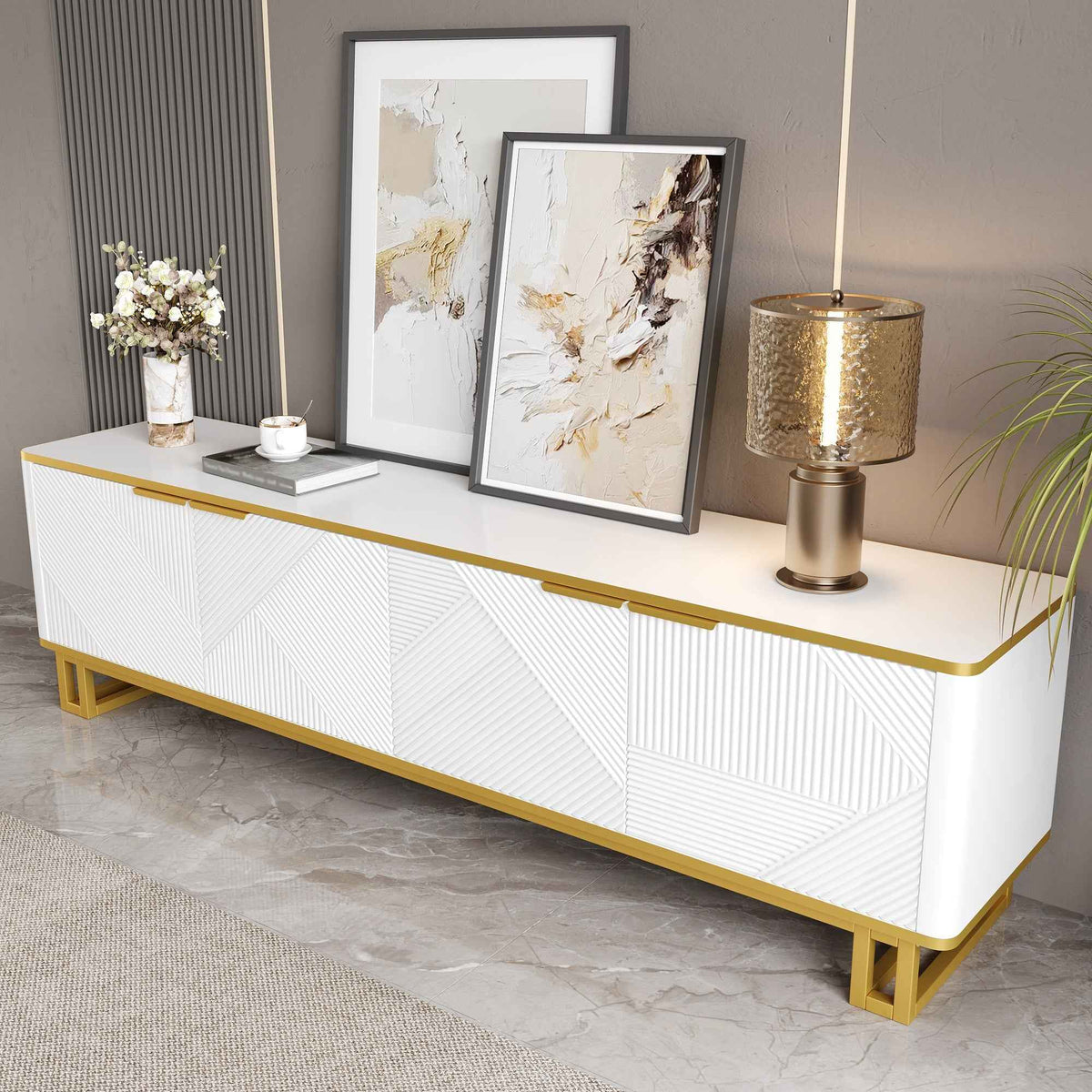 Elegant White and Gold Geometric TV Cabinet for Stylish Living Spaces