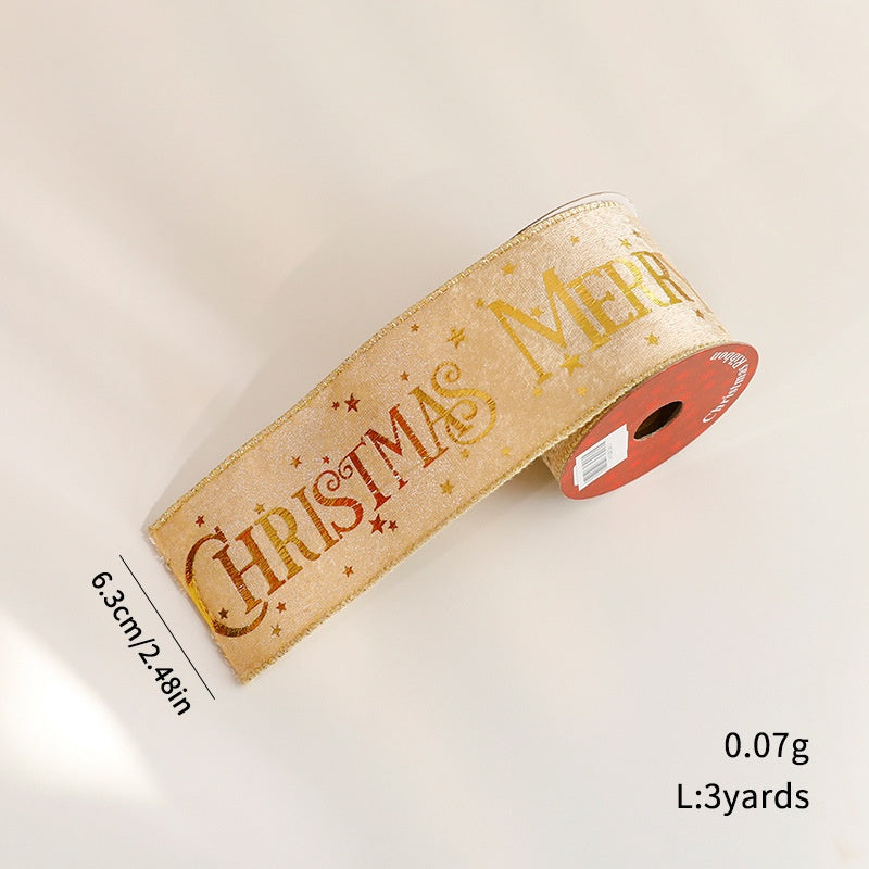 Fashion Gold Foil Ribbon Christmas Decoration Gift Bow Wrap Printed Satin Ribbon
