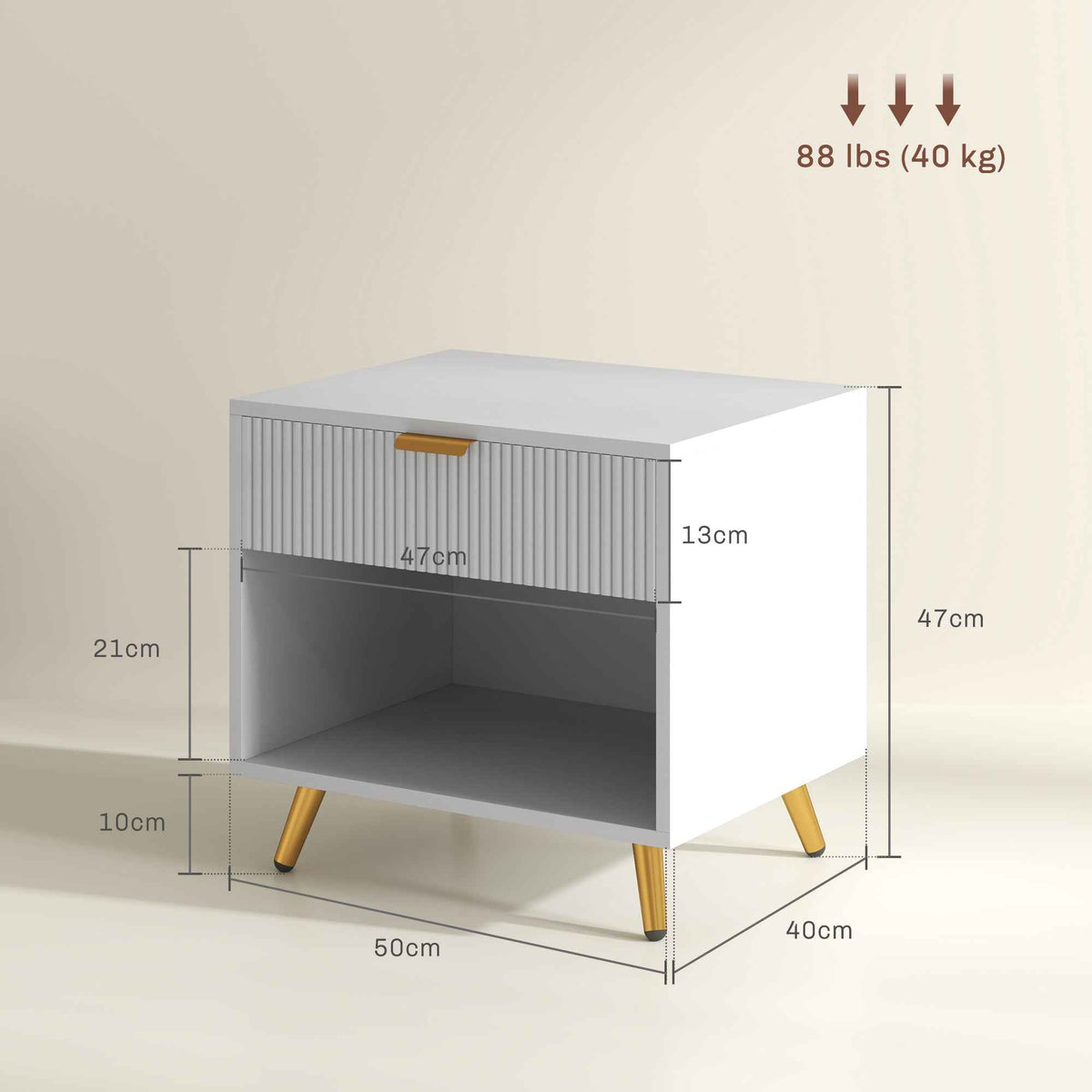 Elegant Bedside Table, With Drawer And Shelf - White/Gold Tone