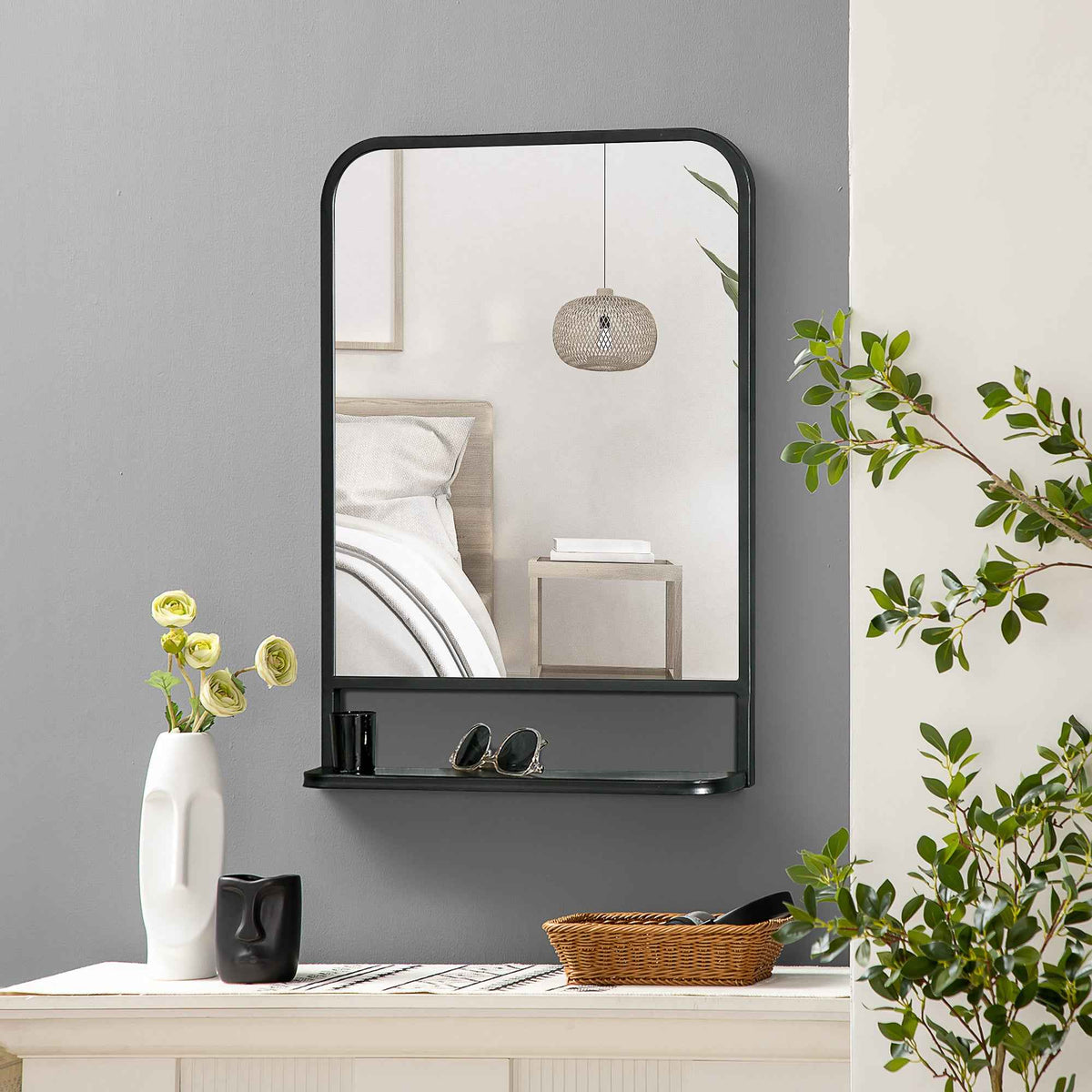 Modern Square Wall Mirror With Storage Shelf, 70 X 50 Cm Mirrors For Living Room, Bedroom, Black