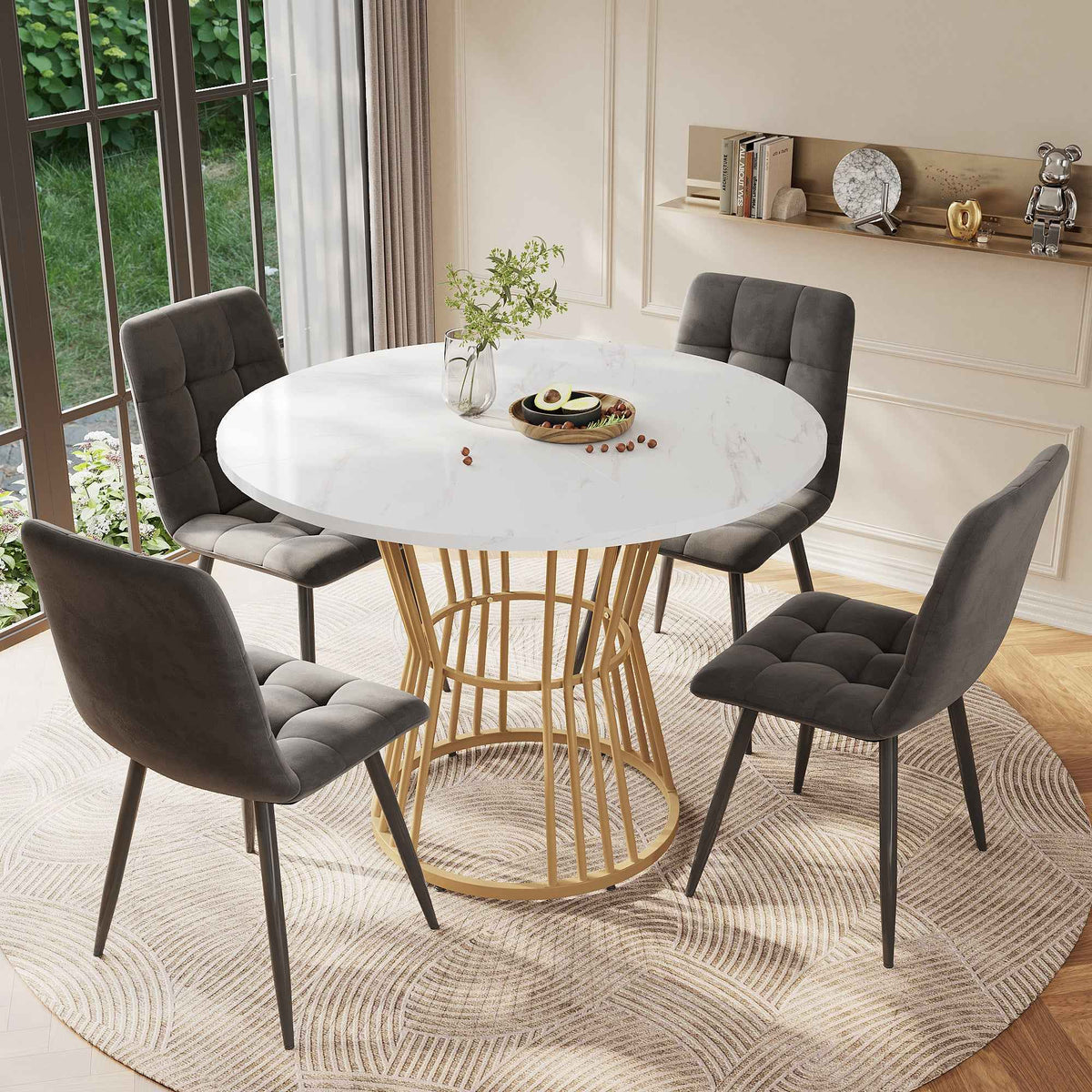 Stylish 5-Piece Round Dining Table Set with Golden Legs and Gray Linen Chairs
