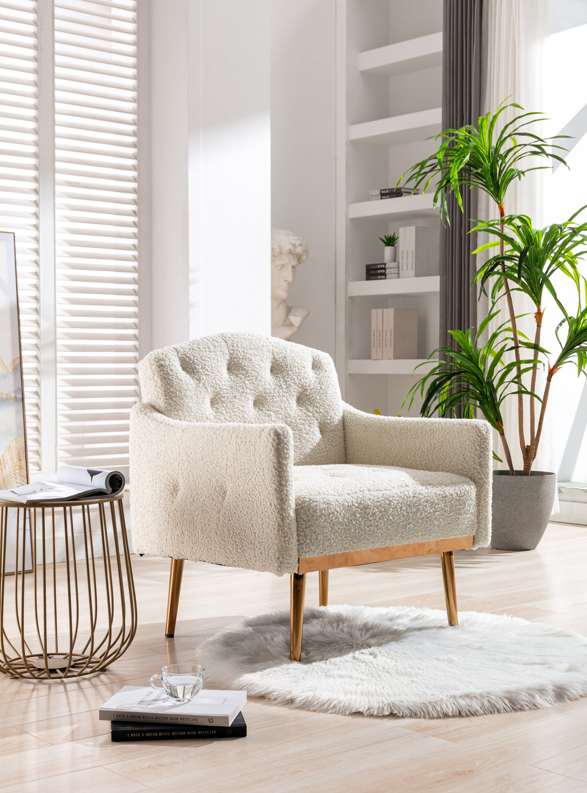 Coolmore Modern White Teddy Fabric Armchair With Gold Legs