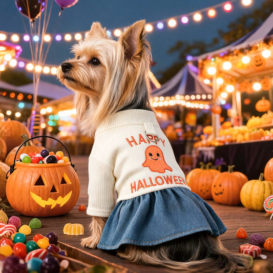 Pet Clothing Cute Halloween Ghost Dress for Small Dogs and Cats, Warm Autumn and Winter Apparel