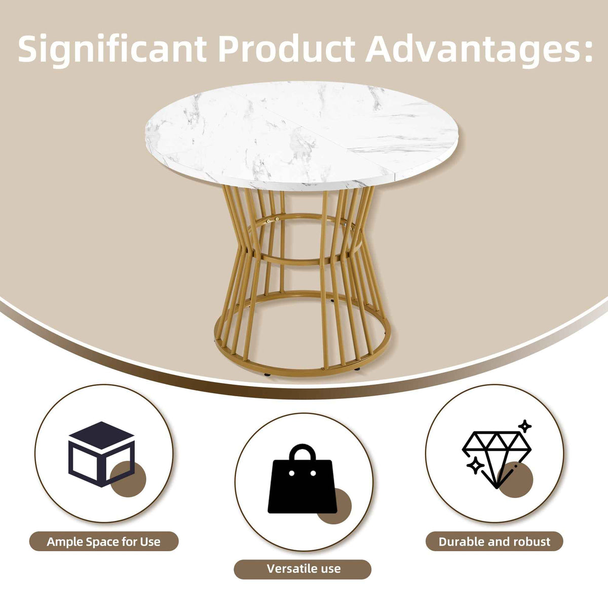 Stylish 5-Piece Round Dining Table Set with Golden Legs and Gray Linen Chairs