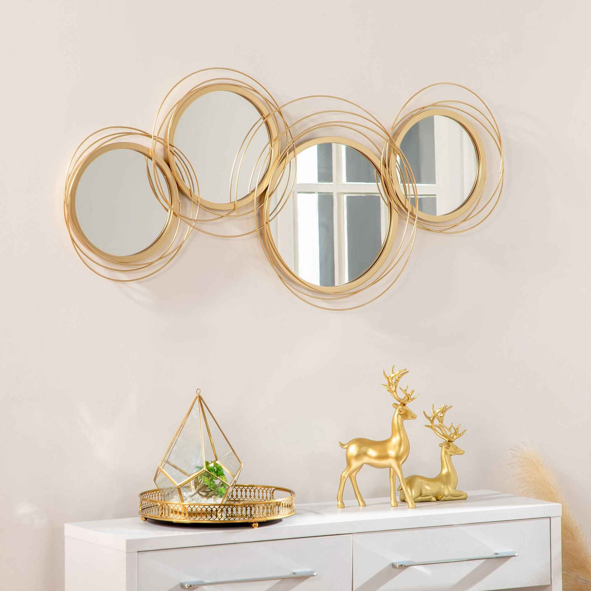 Metal Wall Mirrors, 107cm Modern Decorative Gold Mirror Decor Hanging, Home Wall Sculptures For Living Room Bedroom Dining Room