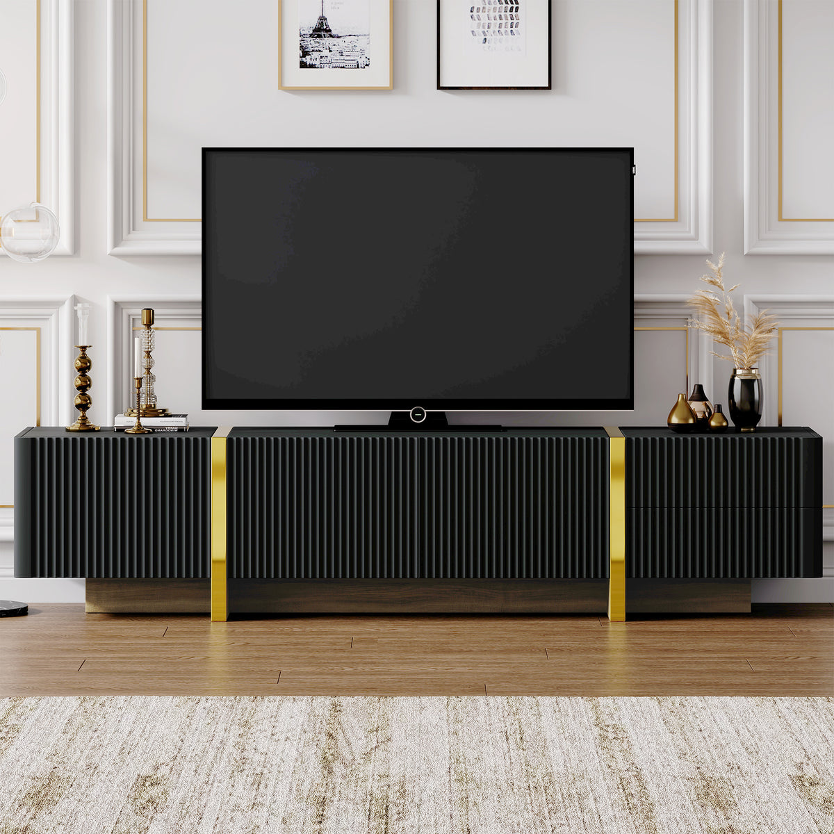 Modern Black Fluted TV Stand For 80 Inch Tv With Storage