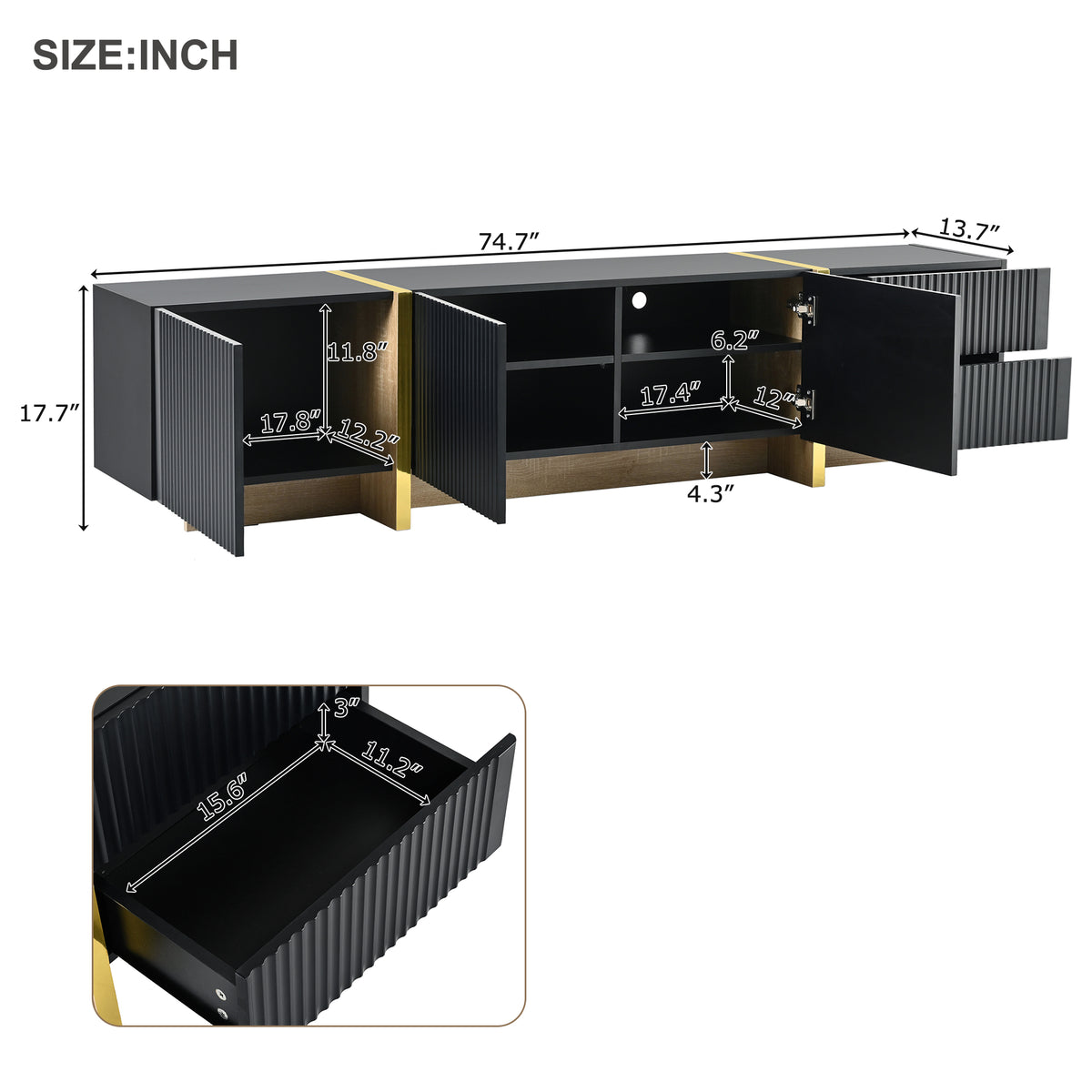 Modern Black Fluted TV Stand For 80 Inch Tv With Storage