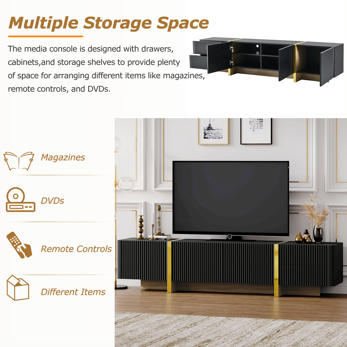 Modern Black Fluted TV Stand For 80 Inch Tv With Storage