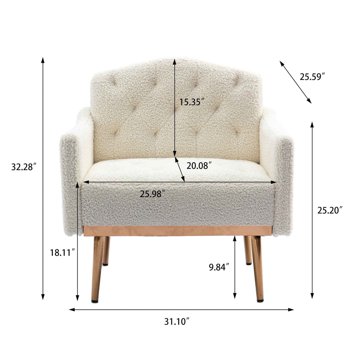 Coolmore Modern White Teddy Fabric Armchair With Gold Legs