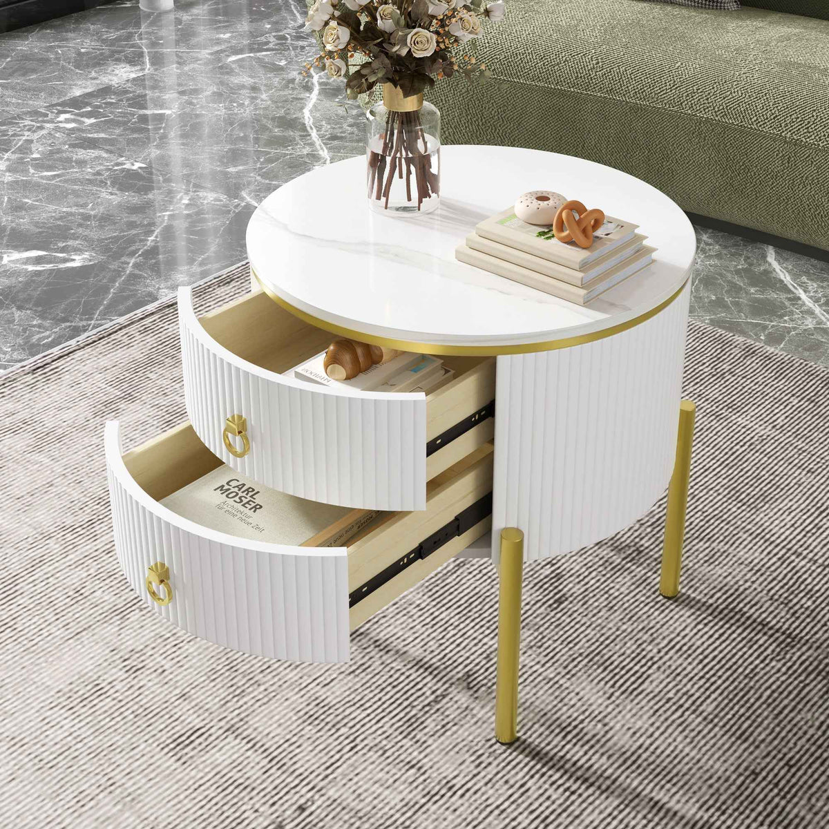 Side Table, Coffee Table With Drawers, Marble Texture, Gold Legs And Handles, Adjustable